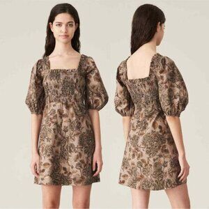 Ganni Mushroom Floral Print Poplin Smocked Mini Dress